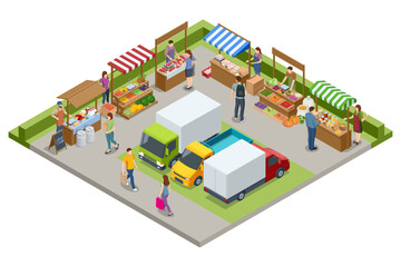 Isometric Farmers selling a Selection of Ecological Fruits and Vegetables at a Farmers Market. Vegetables fair food. Sellers and marketing