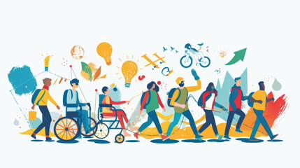 Naklejka premium A colorful illustration depicting a diverse group of people walking together towards a bright future. The people are all facing the same direction and seem determined to reach their goals