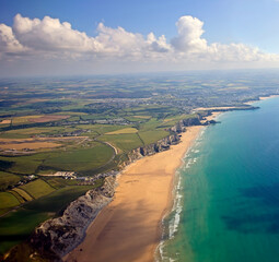 Watergate Bay, surfers' beach, and Newquay, aerial view, Cornwall, UK.