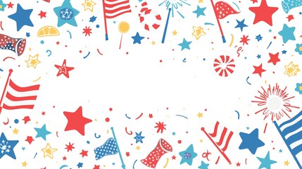 Fototapeta premium Festive USA-themed border with patriotic elements such as flags, stars, and fireworks in red, white, and blue colors.