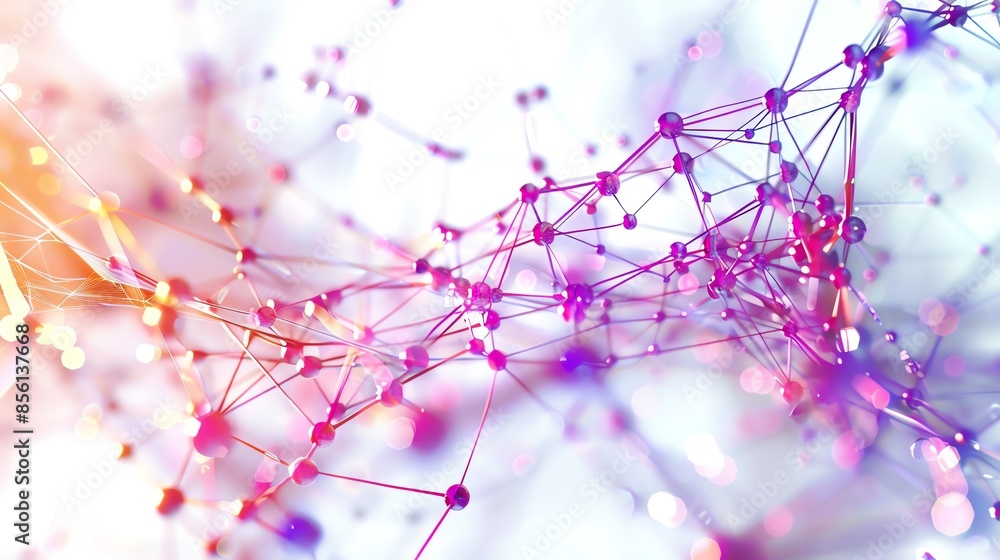 Poster abstract network of colorful, interconnected dots and lines representing complex data algorithms in 