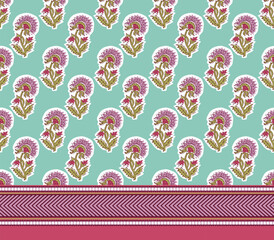 INDIAN TRADITIONAL FLORAL SANGANERI BLOCK PRINT WITH BORDER SEAMLESS PATTERN VECTOR ILLUSTRATION