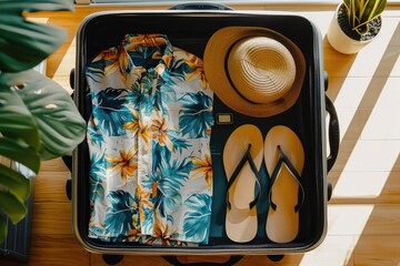 Packed suitcase with a tropical shirt, hat, and flip-flops, ready for a summer vacation or tropical trip, surrounded by natural light.