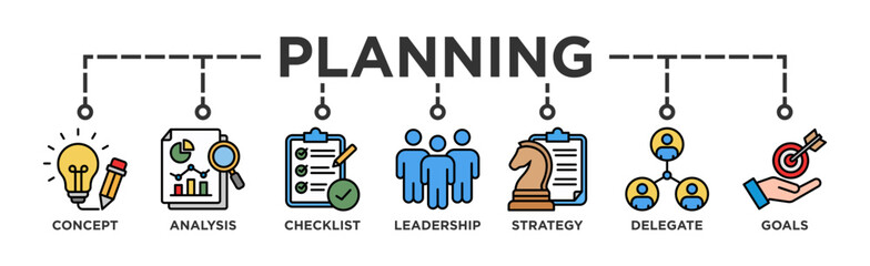 Planning banner web icon illustration concept with icon of concept, analysis, checklist, leadership, strategy, delegate and goals