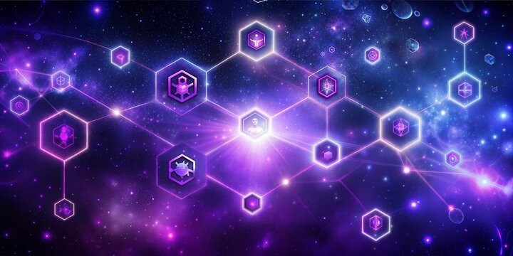 Deep space with glowing purple blockchain icons.