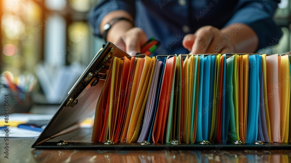 Aufkleber an auditor worker managing document folders, focusing on the management of important document storag