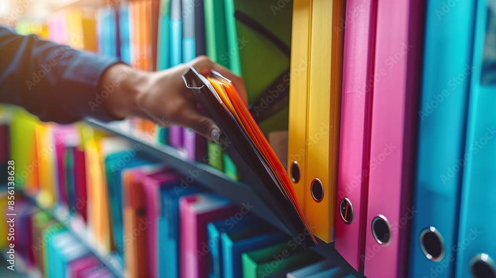 Aufkleber an auditor worker managing document folders, focusing on the management of important document storag