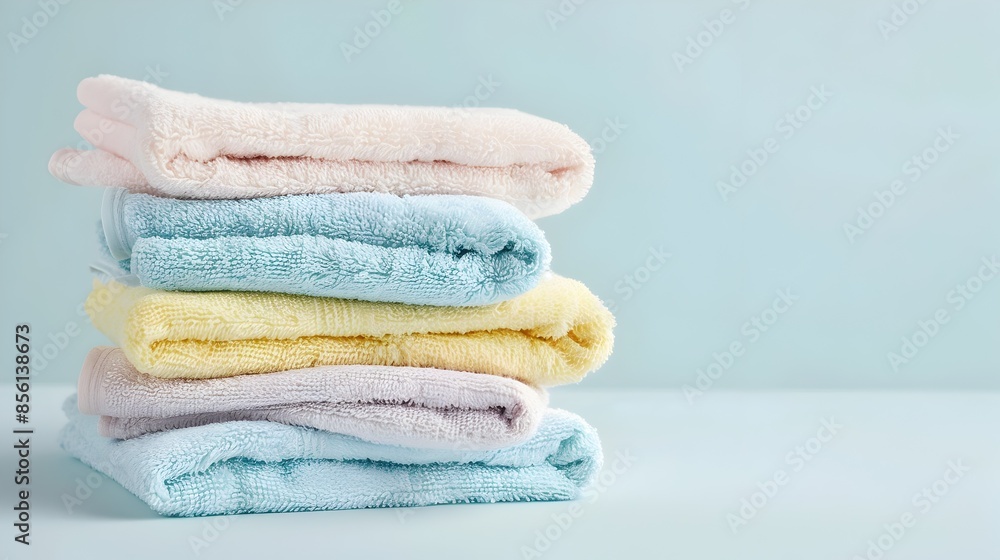 Poster neatly stacked pastel towels on light background with copy space