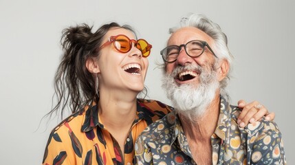 Obraz premium Old and young person laughing together on an isolated white background