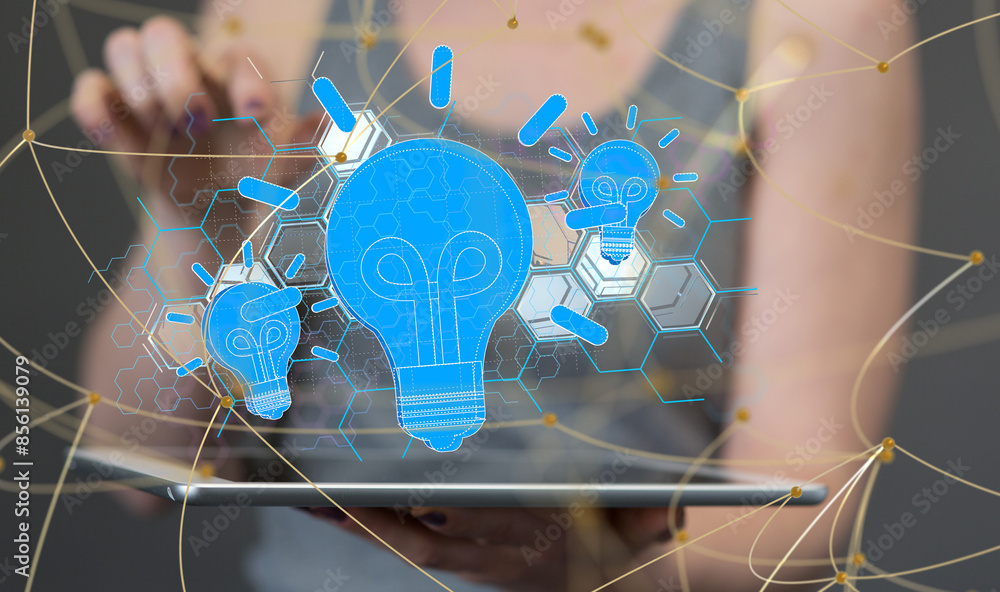 Poster Neural network 3D illustration. Big data and cybersecurity