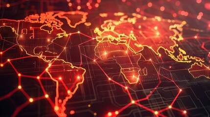 A red and black computer screen with a map of the world on it