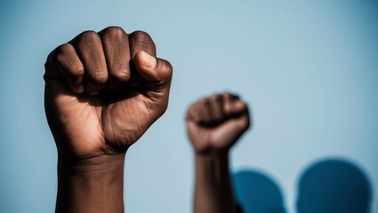 Black hand on a blue background. Anti racism in the USA. Human rights, freedom and justice.