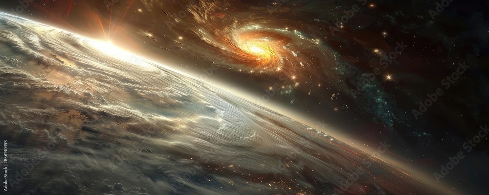 Wall mural dramatic space scene with a swirling galaxy alongside a distant planet, glowing with cosmic brillian