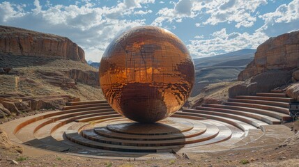 Massive disco ball casts sunlight in a contemporary amphitheater amidst a rugged desert backdrop
