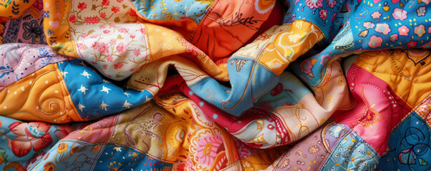 A colorful patchwork quilt, its squares of fabric sewn together with love and care.