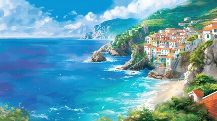Fototapeta premium A beautiful Mediterranean coastal village with houses on cliffs, turquoise waters, and lush green hills under a vivid blue sky.