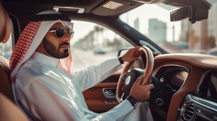 Middle Eastern man in traditional attire driving a luxury car through a city, wearing sunglasses and looking confident, with urban buildings in the background