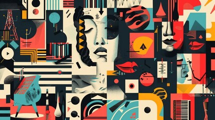 Abstract collage art, incorporating vibrant colors, geometric shapes, and human features to depict creativity