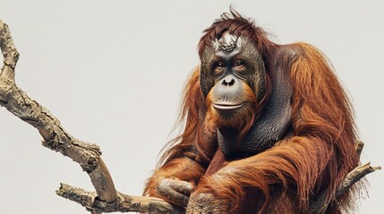An orangutan, with its long, reddish-brown fur and intelligent eyes, sits on a branch against a white background, its hands displaying its remarkable dexterity. The image showcases the animal's close