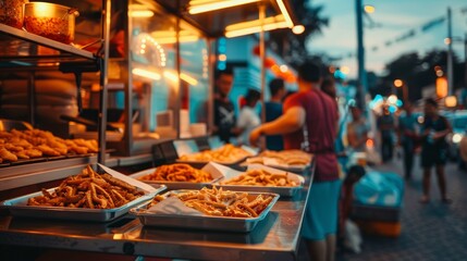 Fototapeta premium Bustling street food market with various food trays and string lights in the evening. Vibrant culinary and night market concept.