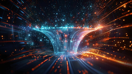 Fototapeta premium Big data technology and information funnel concepts. Large digital funnels with online data as a process of data collection, analysis and conversion into useful information.