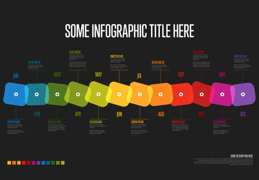 Dark full year timeline template with month names and rainbow color blocks