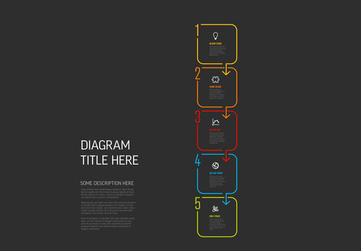 Dark five square steps vertical template with icons big numbers and description
