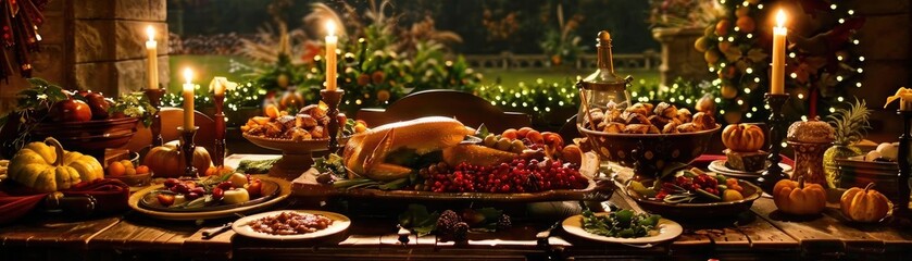 A festive holiday dining table laden with a variety of delicious seasonal foods, illuminated by the warm glow of candles and holiday lights.