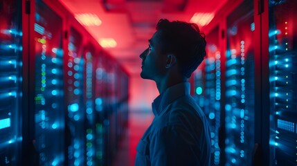 Technician inspects server room