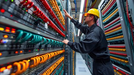 Technician inspects server room