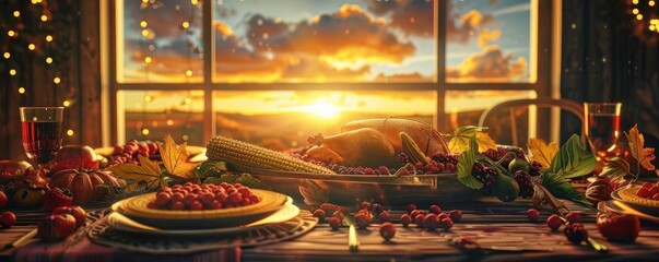Obraz premium A beautiful Thanksgiving dinner table set against a breathtaking sunset view, filled with traditional holiday dishes and festive decorations.