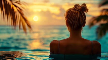 Fototapeta premium Back view of woman looking to horizon, ocean, beach, pool.
