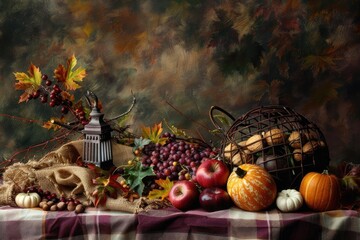 Autumn harvest still life with pumpkins, apples, grapes, and fall leaves on table with a rustic backdrop, creating a warm seasonal atmosphere.