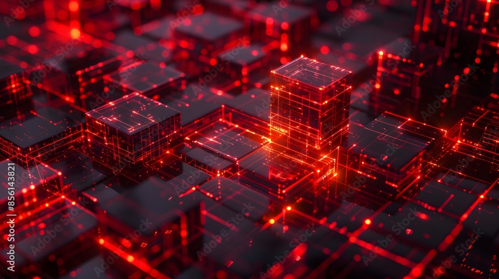 Poster Abstract red technology background with glowing cubes, a 3D rendering of a red glowing blockchain network with interconnected blocks and data fields.