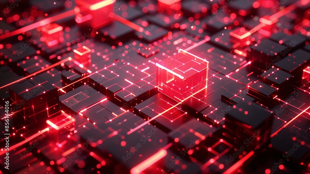 Fototapete Abstract red technology background with glowing cubes, a 3D rendering of a red glowing blockchain network with interconnected blocks and data fields.