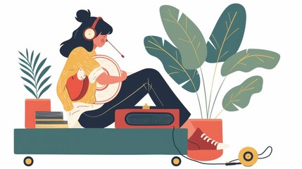Nostalgic Joy: Person Relaxing and Listening to Music on a Vintage Record Player, Recalling Fond Memories of Beloved Songs