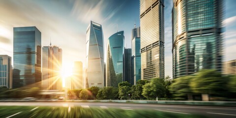 A city skyline with a bright sun shining on it