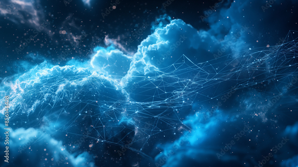 Poster a digital representation of a cloud, surrounded by a constellation of interconnected lines and point