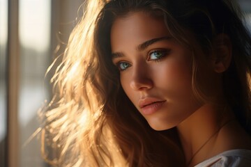 Fototapeta premium A woman with long, wavy hair and striking green eyes gazes intently at the camera, bathed in warm, natural light from a nearby window.