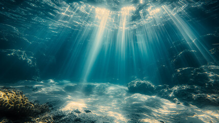 Obraz premium An underwater scene, capturing the mesmerizing play of light filtering through the water's surface. Sunrays pierce through the water, creating a radiant display of light beams that shimmer and dance