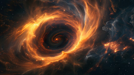 cosmic scene with a dominant black hole at its center. Surrounding the black hole is a swirling mass of fiery orange and red gas and dust, creating an aura of intense energy.