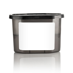 Moisture absorber half filled with hygroscopic granules visible through semi-transparent brown...
