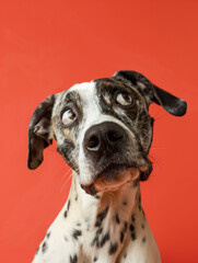 Fotografia realista de um cachorro de corpo inteiro, fundo vermelho puro, close-up