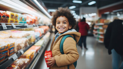 Fototapeta premium Black little boy in grocery store aisle, looking at camera, shopping concept
