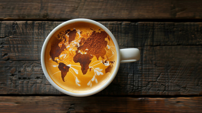 A creatively crafted latte art featuring a world map design in a coffee cup, placed on a rustic world map background. Perfect for travel and coffee enthusiasts.
