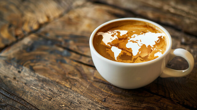 A creatively crafted latte art featuring a world map design in a coffee cup, placed on a rustic world map background. Perfect for travel and coffee enthusiasts.