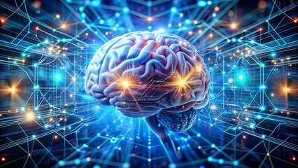  A conceptual visualization illustrating the human brain in a futuristic digital scenario,technology background. AI GENERATED