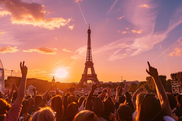 The Eiffel Tower stands tall against a breathtaking sunset sky as a jubilant crowd raises hands in celebration, capturing the twilight's dazzling spectacle.