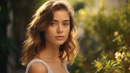 Naklejka premium A young woman with wavy hair poses outdoors, surrounded by soft, natural light and greenery, creating a serene and ethereal atmosphere.