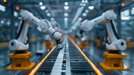 A robot is working on a conveyor belt in a factory